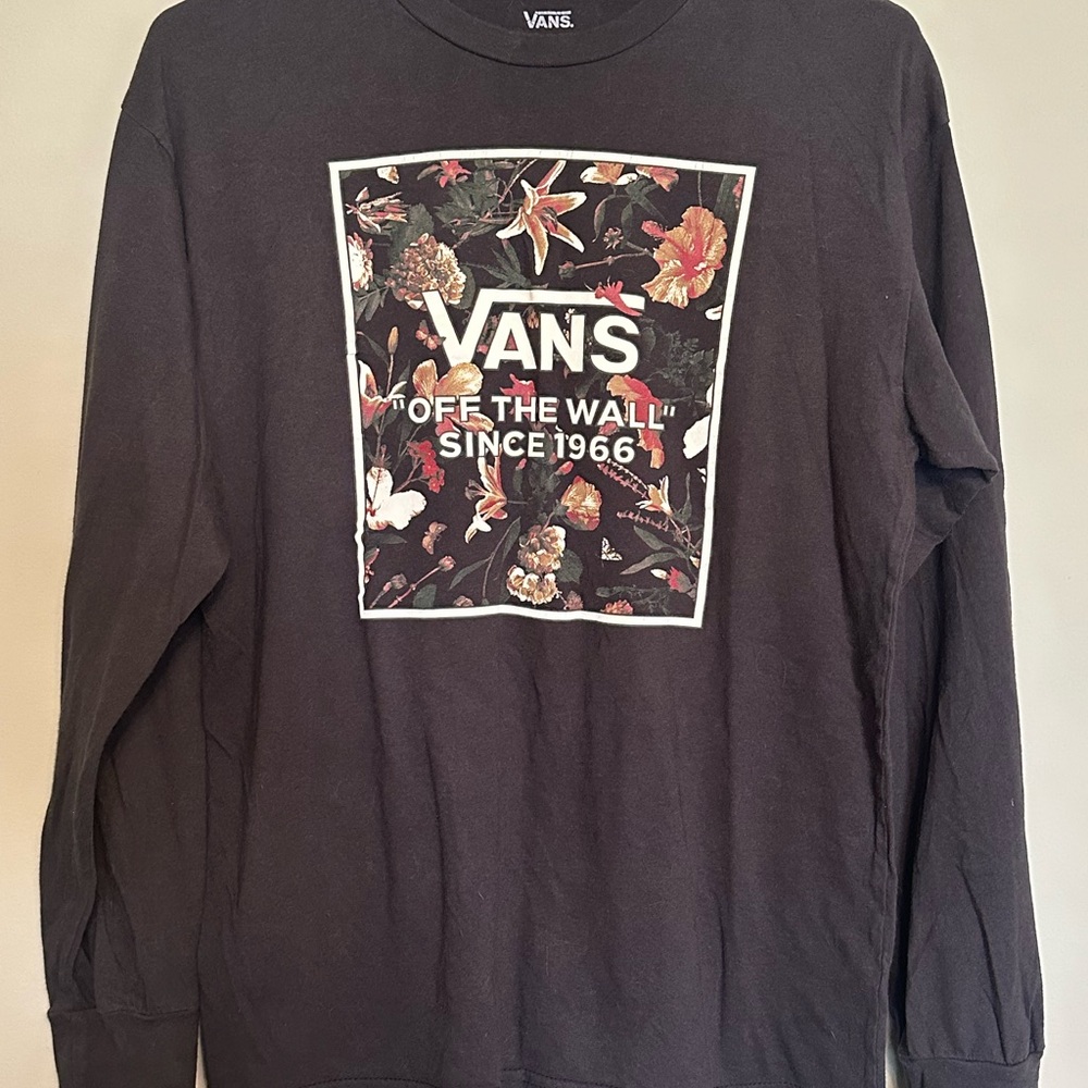 Vans Black Long Sleeve Tee with White Logo and Floral Accents size M - Picture 2 of 4